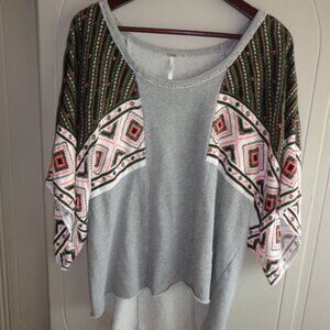 NWOT Free People Hi-Lo Terry Raglan Short Sleeve Top S/P Grey Multi Wide Sleeves